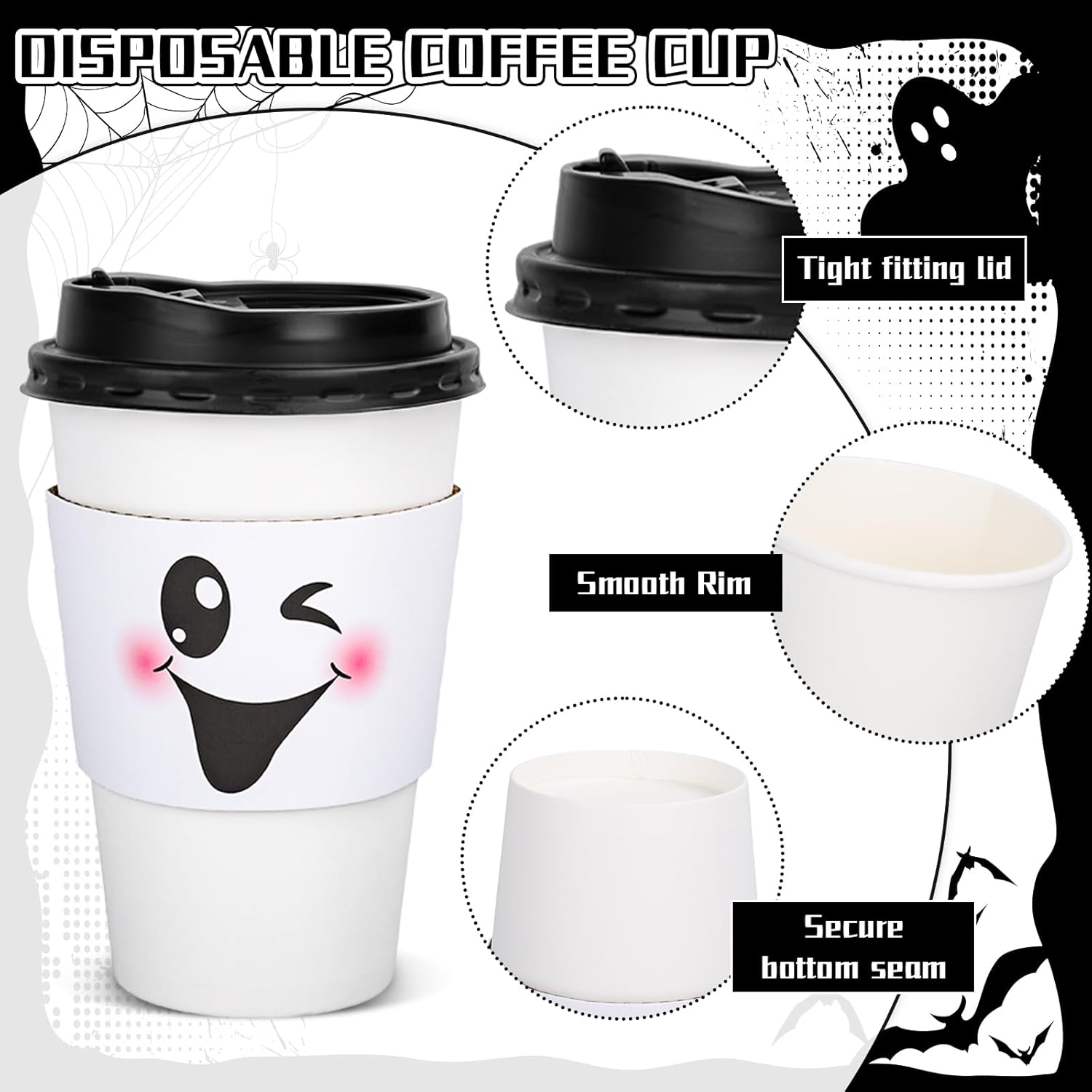 Whaline 48 Sets Halloween Ghost Coffee Paper Cups Cute White Ghost Boo 16oz Disposable Cups with Lids and Sleeves for Hot Cold Drinks Birthday Holiday Party Supplies, 4 Designs