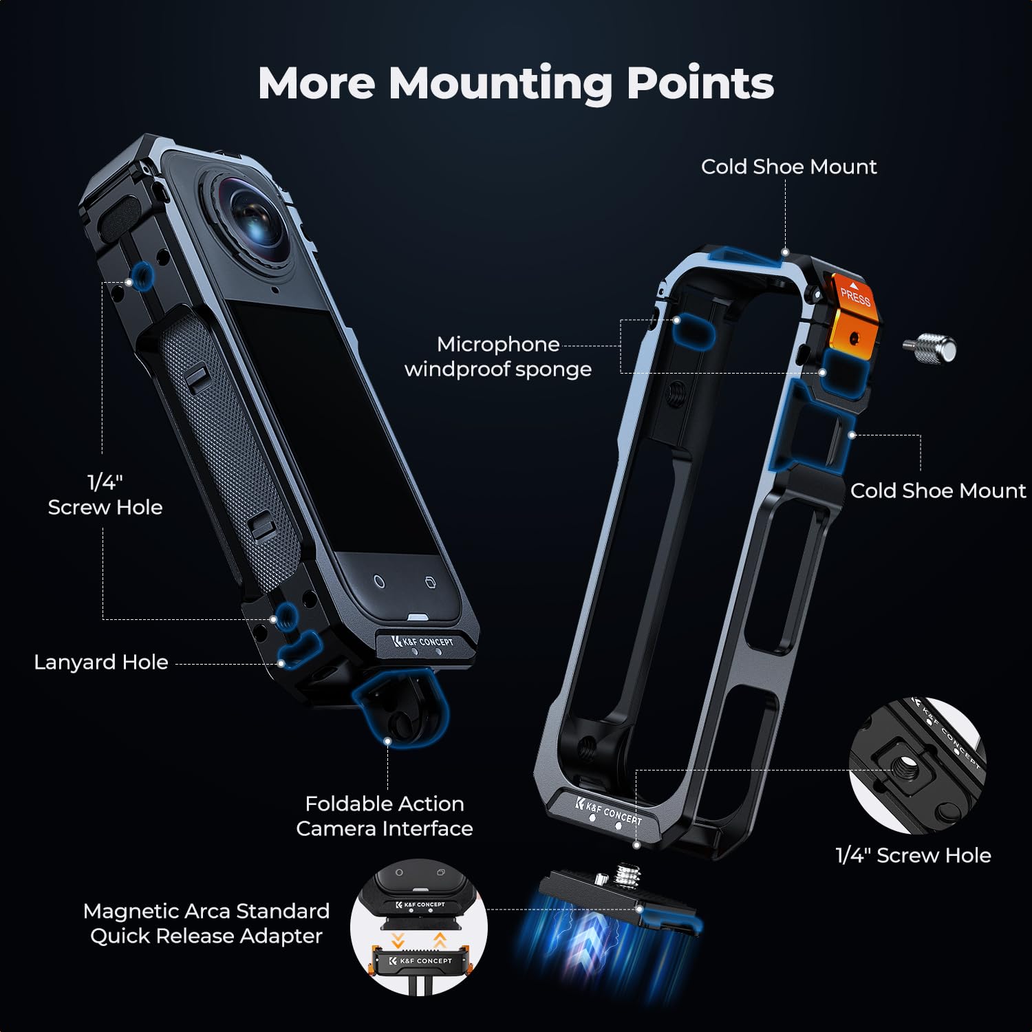 Klatka fotograficzna K&F CONCEPT Standard do aparatu Insta360 X5, aluminiowa rama z silikonową osłoną obiektywu, otwór na śrubę 1/4", 2 stopki mocujące, obudowa przedłużająca z folią ochronną ekranu