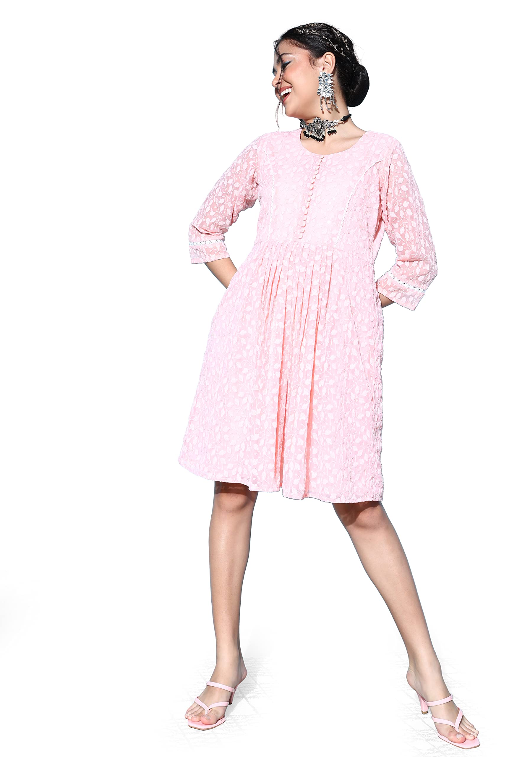 LYMI LABELMulticolor Pink China Cotton Color Block Frilled A-Line Western Dress, Peach, L