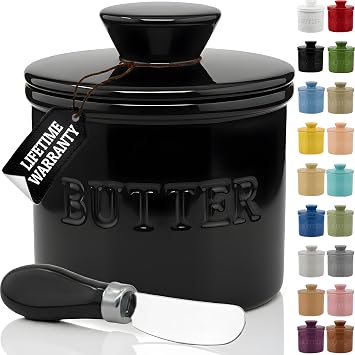 PriorityChef Butter Crock with Lid with Water Line, Ceramic French Butter Dish to Leave On Counter, Black