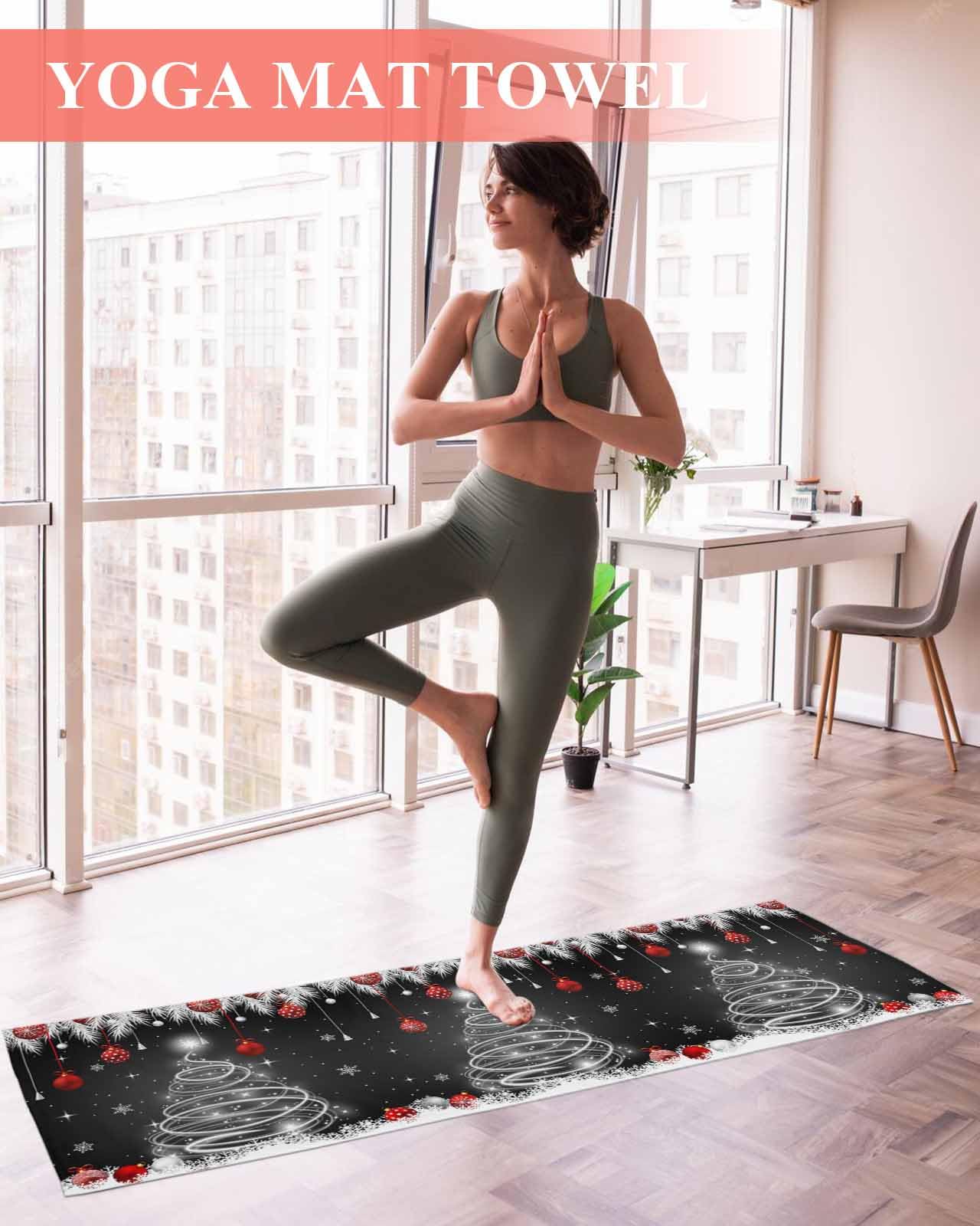 DecorLovee Yoga Mat Towel for Hot Yoga, Black Red Christmas Absorb Sweat Microfiber Yoga Towel Non Slip Yoga Mat Towel with 4 Corner Pockets for Bikram, Snow Xmas Tree Balls Botanical 26