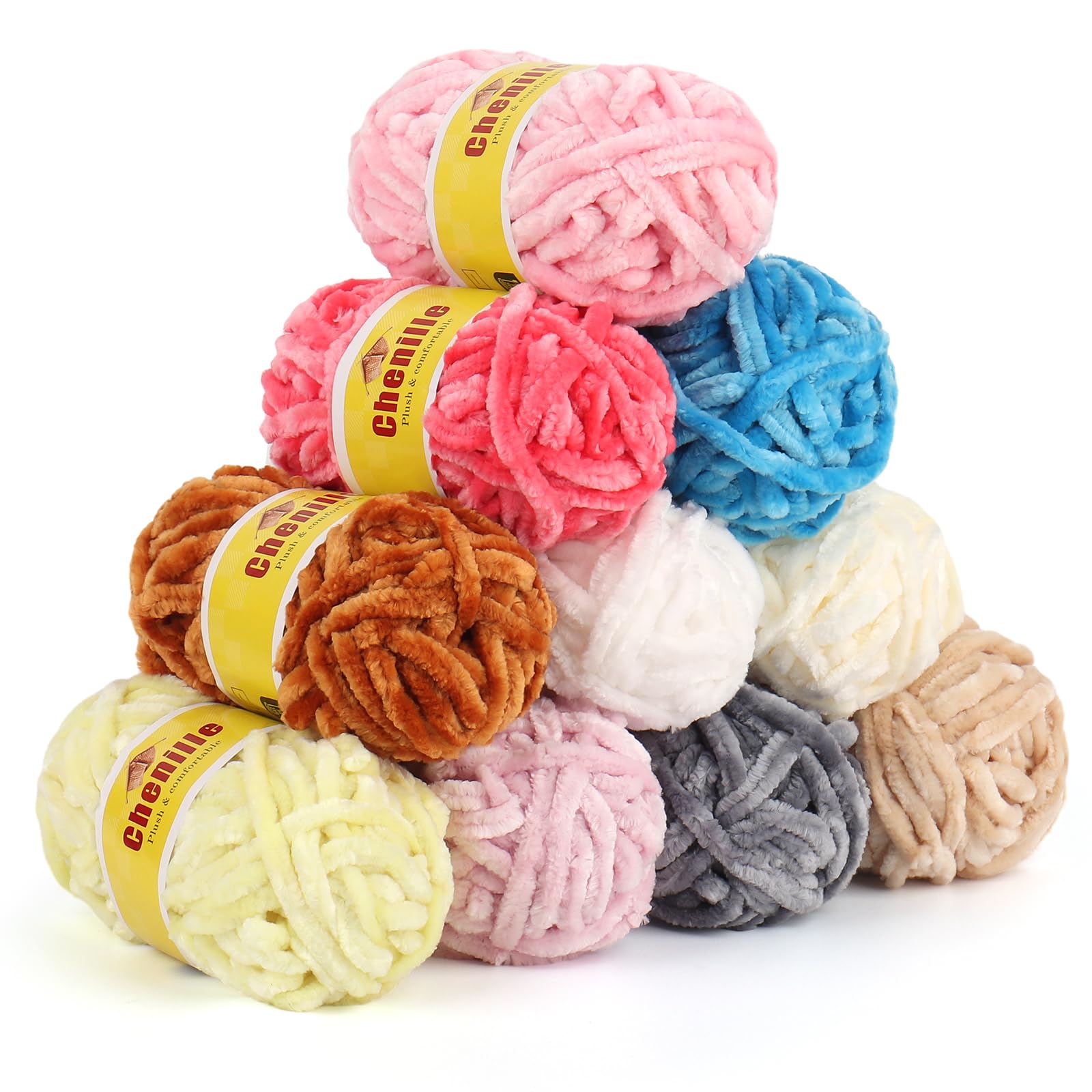 Reessy 10x25g Chenille Yarn, 5mm Chunky Wool for Crochet and Knitting, Soft Velvet Plush Knitting Wool for Amigurumi, Scarves, Baby Blanket, Bag, DIY Crafts-Pastel