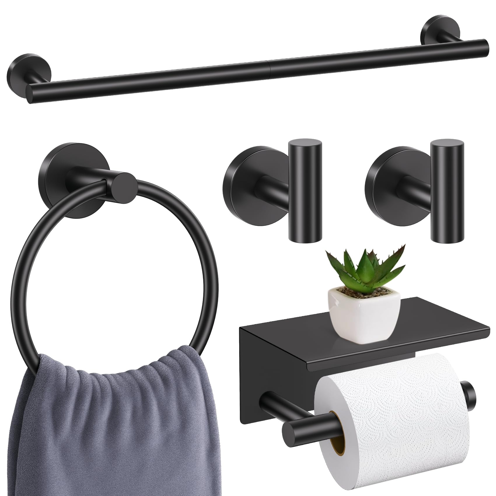 LMYSXAOZ Matte Black Bathroom Hardware Set, 5 Pieces Towel Bar Accessories Upgraded Toilet Paper Holder with Shelf, 23.6 Inch Rack for Wall