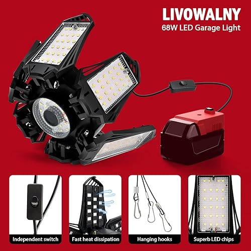 Miniatura 5 de LIVOWALNY Luz de trabajo LED compatible con batería Milwaukee de 18 V, 68 W 6800 lm luces LED de inundación de garaje con 6+1 paneles deformables,