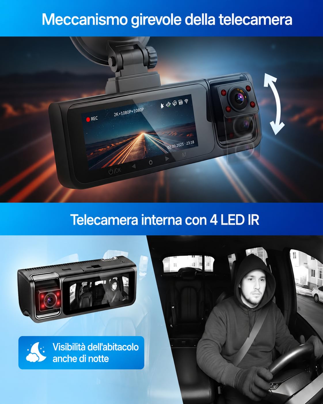Phantom 3CH GPS Cámara para Coche Delantera, Interior y Trasera, Cámara Triple con GPS, Control por App WiFi, Visión Nocturna WDR, Gran Angular de 170°, Pantalla IPS de 3"