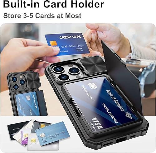 Miniatura 2 de Funda tipo cartera para iPhone 15 Pro con tarjetero (4-5 tarjetas) y cubierta deslizante para cámara y soporte, protección contra caídas de grado