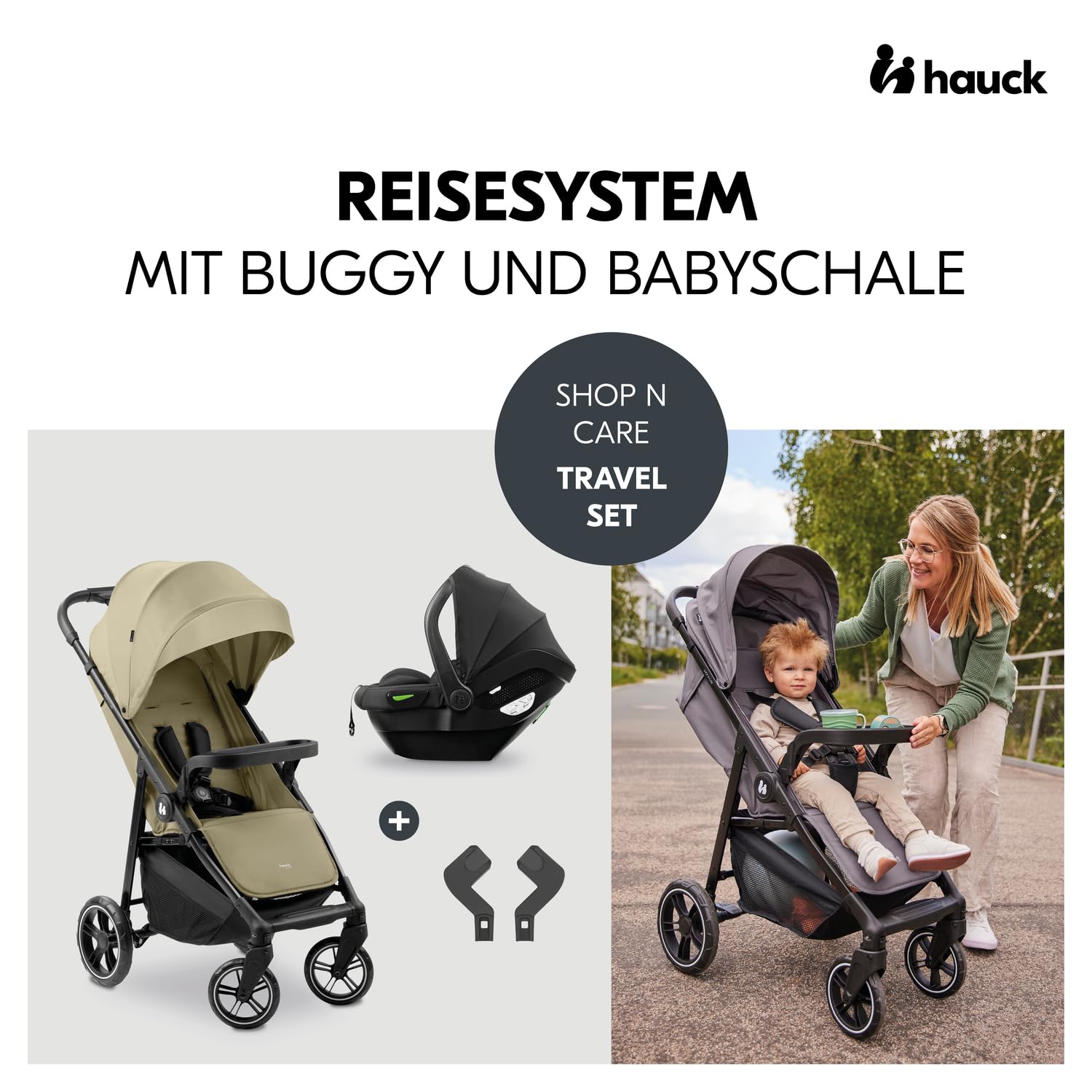Hauck Shop N Care Travel Set Olive 2in1 Kombikinderwagen ab Geburt bis 22 kg mit i-Size Babyschale Buggy Liegefunktion UPF 50+