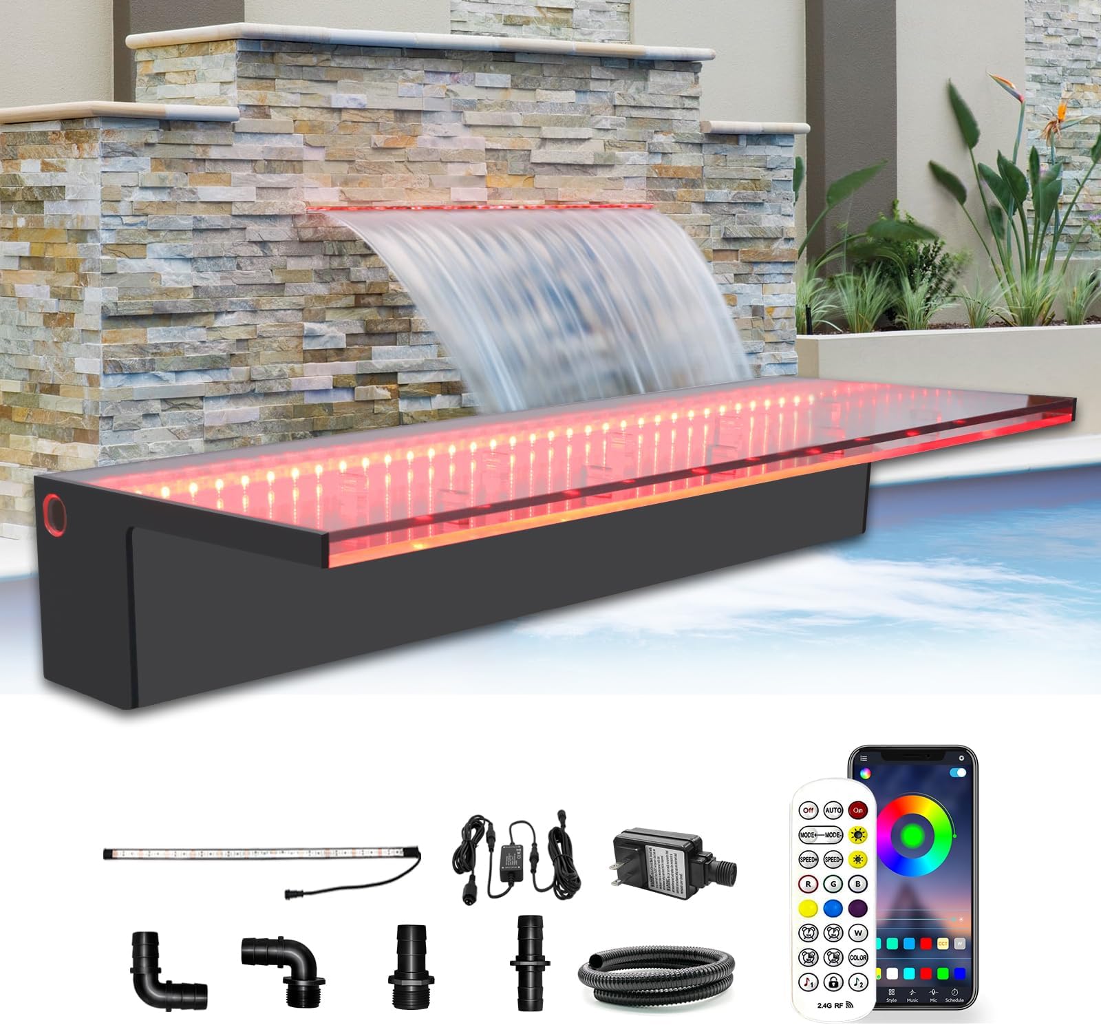 LONGRUN Waterfall Spillway, APP Control Multi-Color LED Light Outdoor Pool Fountain, Acrylic Water Spillway Koi Pond Waterfalls Fountains Kit for Garden Patio Swimming Pool Decoration-23.6"