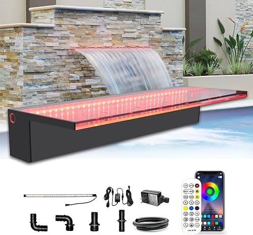 Miniatura 8 de LONGRUN Fuente de piscina al aire libre con control de aplicación de cascada, luz LED multicolor para piscina al aire libre, derrame de agua
