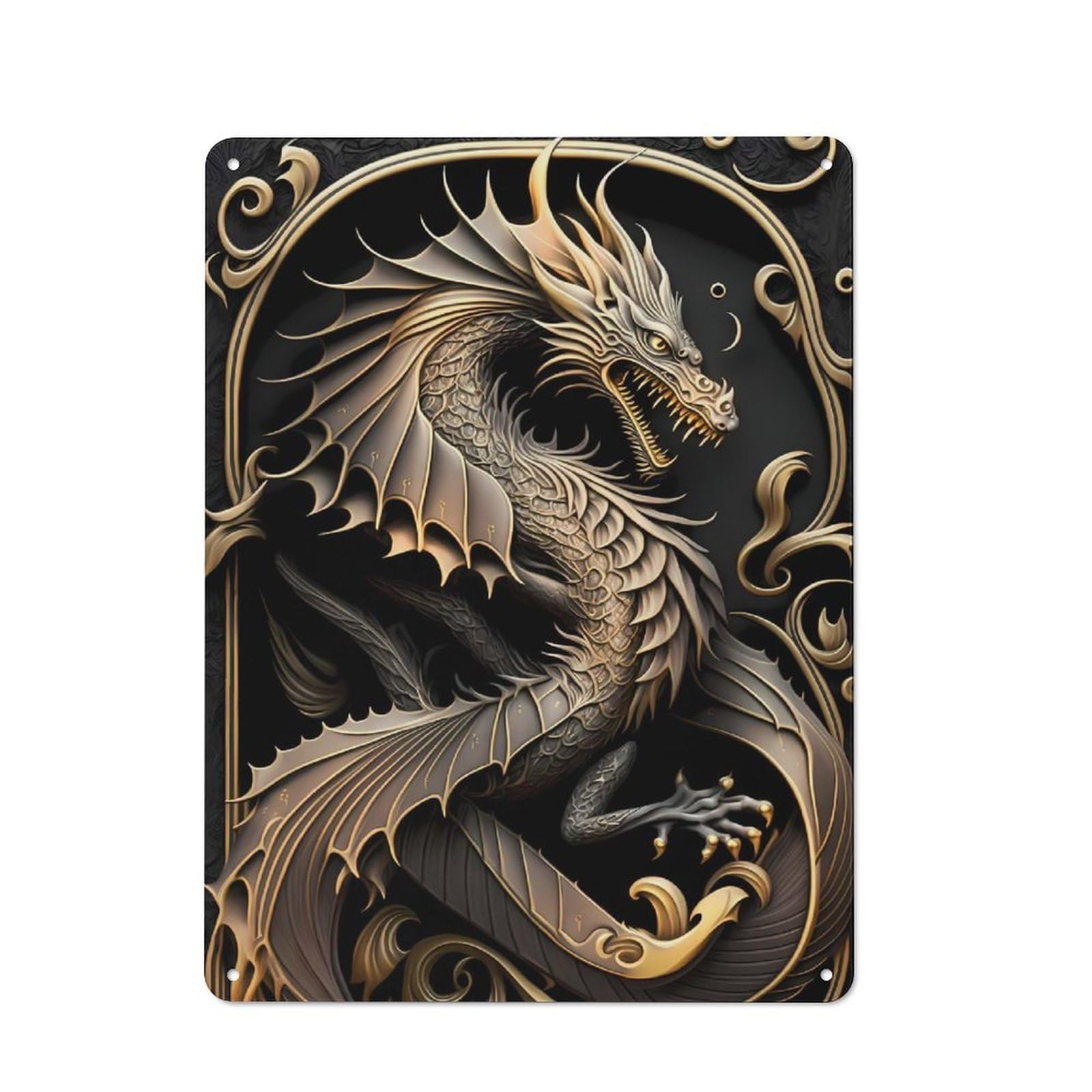 Junmoney Style-13 Mighty Golden Dragon Rustic Metal Plaque 40X30cm For Café Or Restaurant, Wall Decor For People Reorganising Café And Restaurant