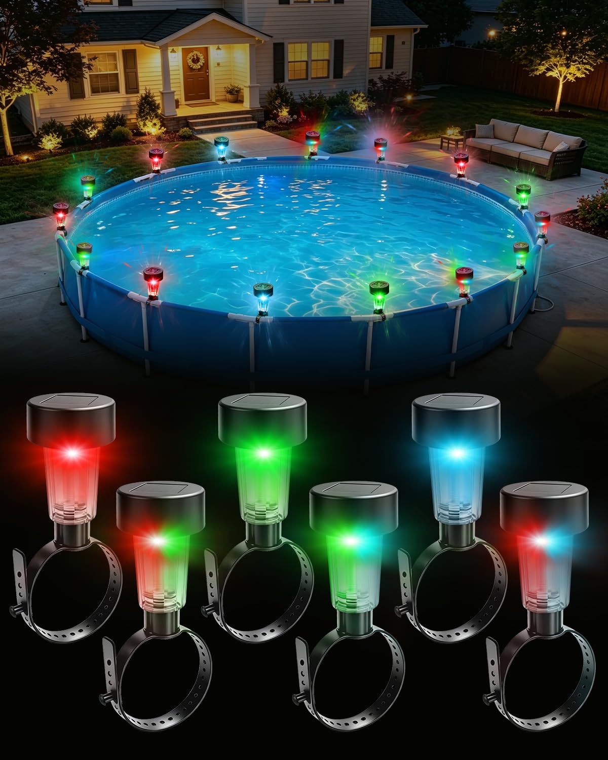 Lustaled 7 farbwechselnde Solar Poolbeleuchtung für Frame Pools 6 Stück | Wasserdicht Dämmerung bis Morgengrauen LED Solar Teichbeleuchtung Für Outdoor Pool Garten Zaun Terrasse