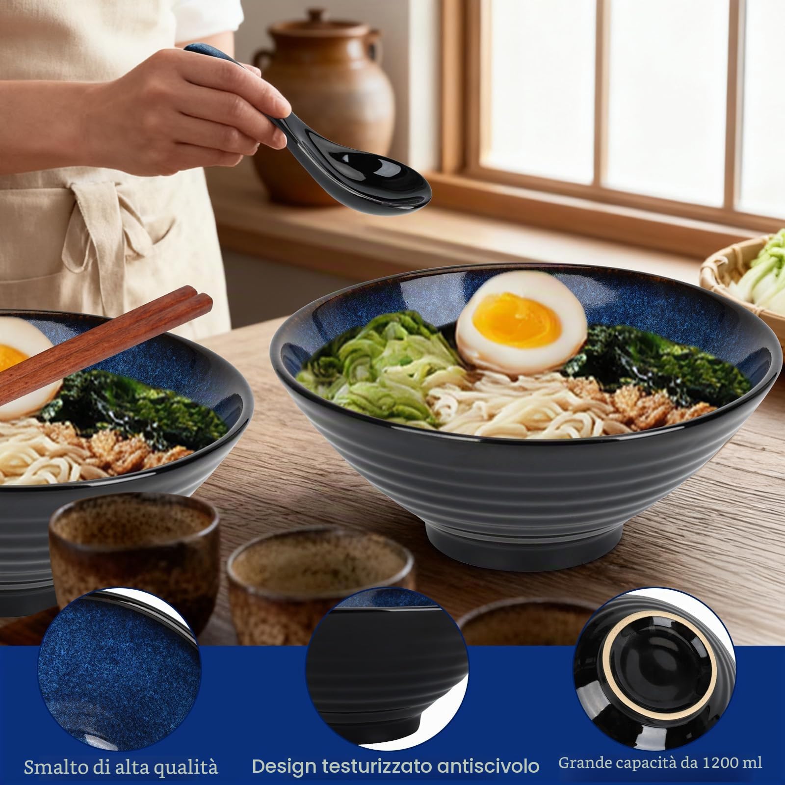 Set di 2 Ciotola Ramen Giapponesi da 1200 ml, con Bacchette e Cucchiai, Ciotole Ramen Bowl in Ceramica, Regalo Creativo Ciotola per Ramen, Insalata di Frutta, Verdura, per Forno a Microonde (Blu)