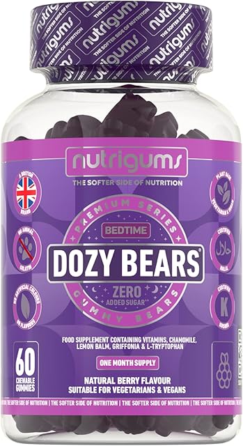 DOZYBEARS® 60 Vegan Gummy Bears. Mixed Berry Flavour with 5-HTP, L-Tryptophan + Vitamins C, B2, B3, B5, B6 B12 with Chamomile and Lemon Balm to Support Rest & Sleep. Adults & Kids 12+ Years