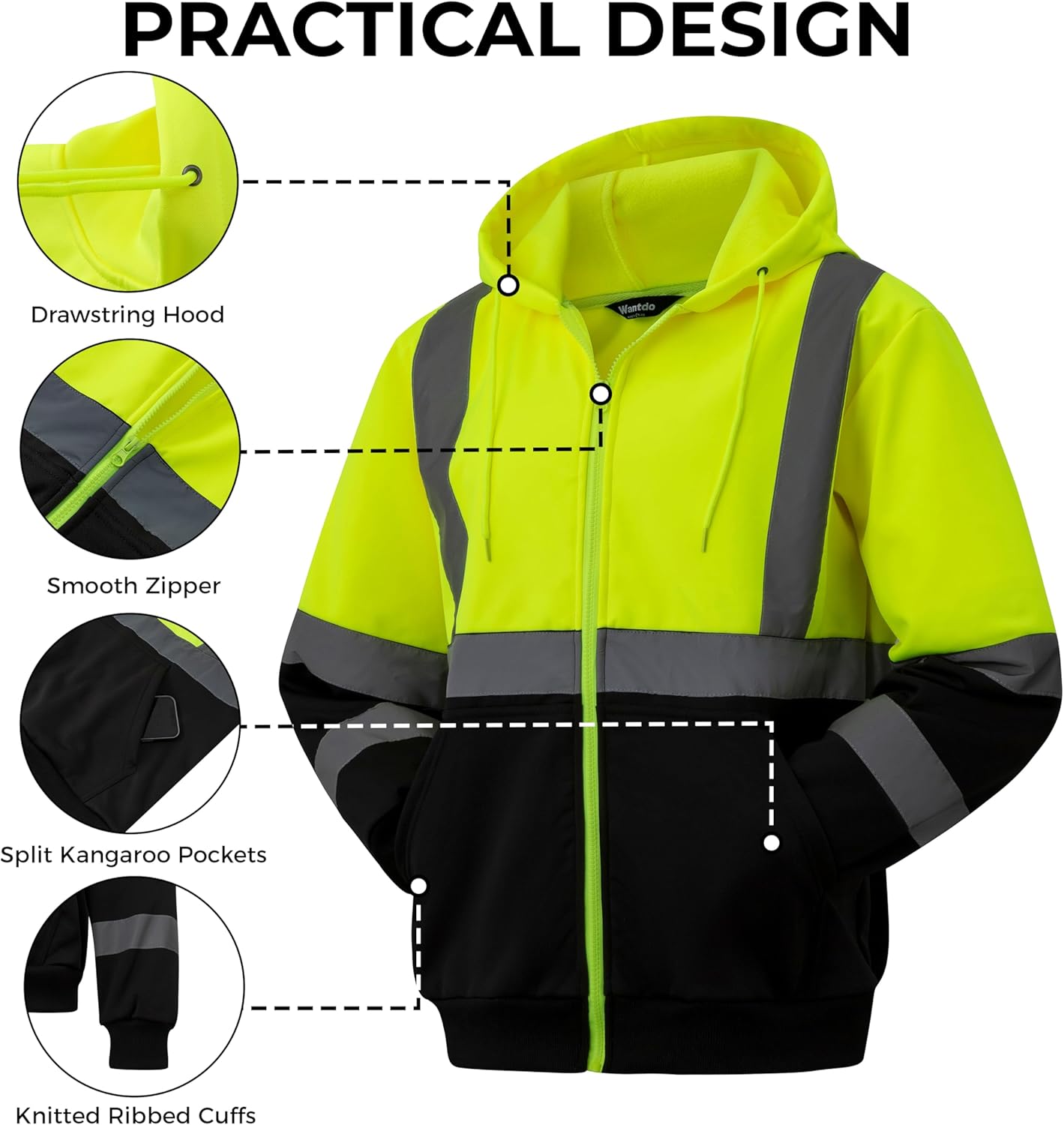 wantdo Hi Vis Reflective Hoodie Fleece Safety Sweatshirts for Men with Black Bottom - Image 5