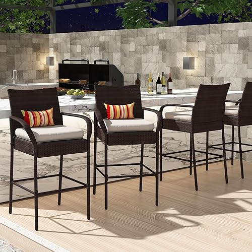 Miniatura 9 de Sundale Outdoor Juego de 2 taburetes de bar, 2 piezas, sillas de mimbre de ratán, silla de altura de barra para patio con brazos, cojín beige,