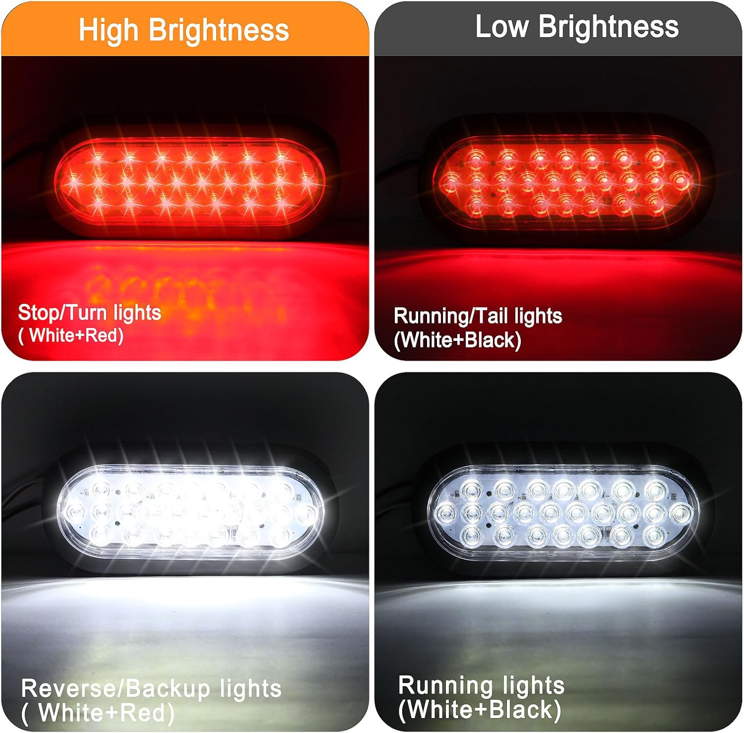 6" Inch Oval Led Trailer Tail Lights Red Turn Stop Tail Brake Trailer Lights 24 Diodes 3-pin Plug & Flush Mount Grommets Waterproof Replacement for RV Trucks （4 Red + 2 White