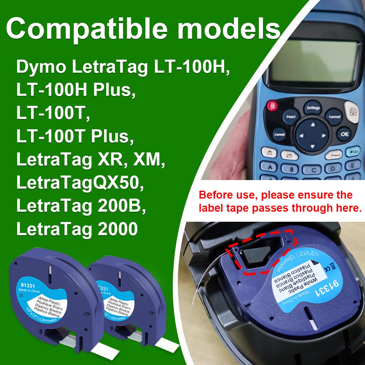 5er-Pack kompatible Dymo LetraTag Etikettenbänder – 12 mm x 4 m, Schwarz auf Weiß, Kunststoff. Passend für LetraTag LT-100H, LT-100T, XR, XM, 200B. Entspricht Modell 91221.