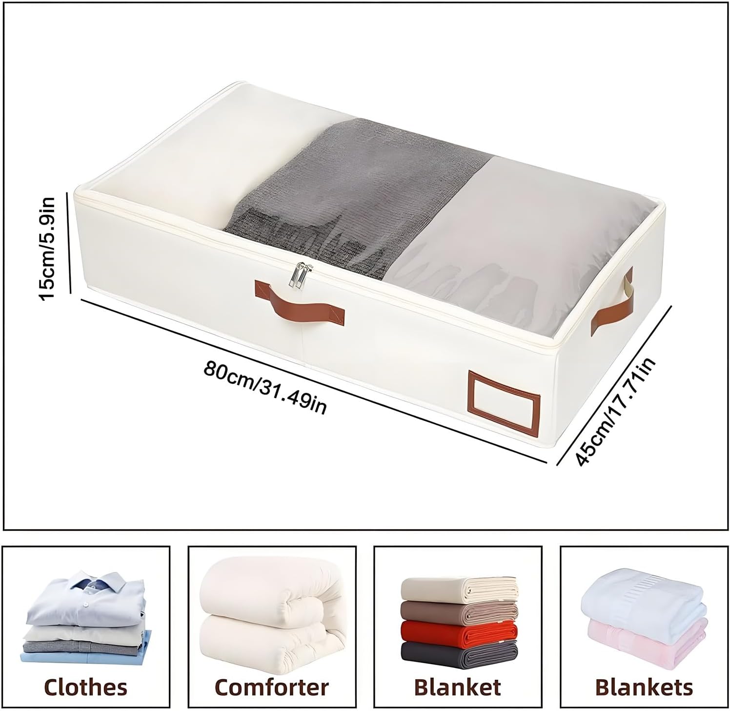 2 Pack Under Bed Storage Containers, Fabric Underbed Storage Bins with Handles and Label Holder, Foldable Sturdy Under Bed Organizers for Clothes, Bedding, Blankets, Shoes, White.