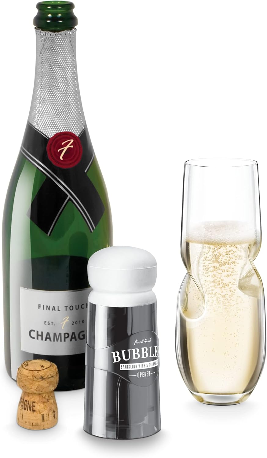 Final Touch Bubbles Sparkling, Champagne, Bubbly Glass Set with Opener - 10 oz (300 ml)