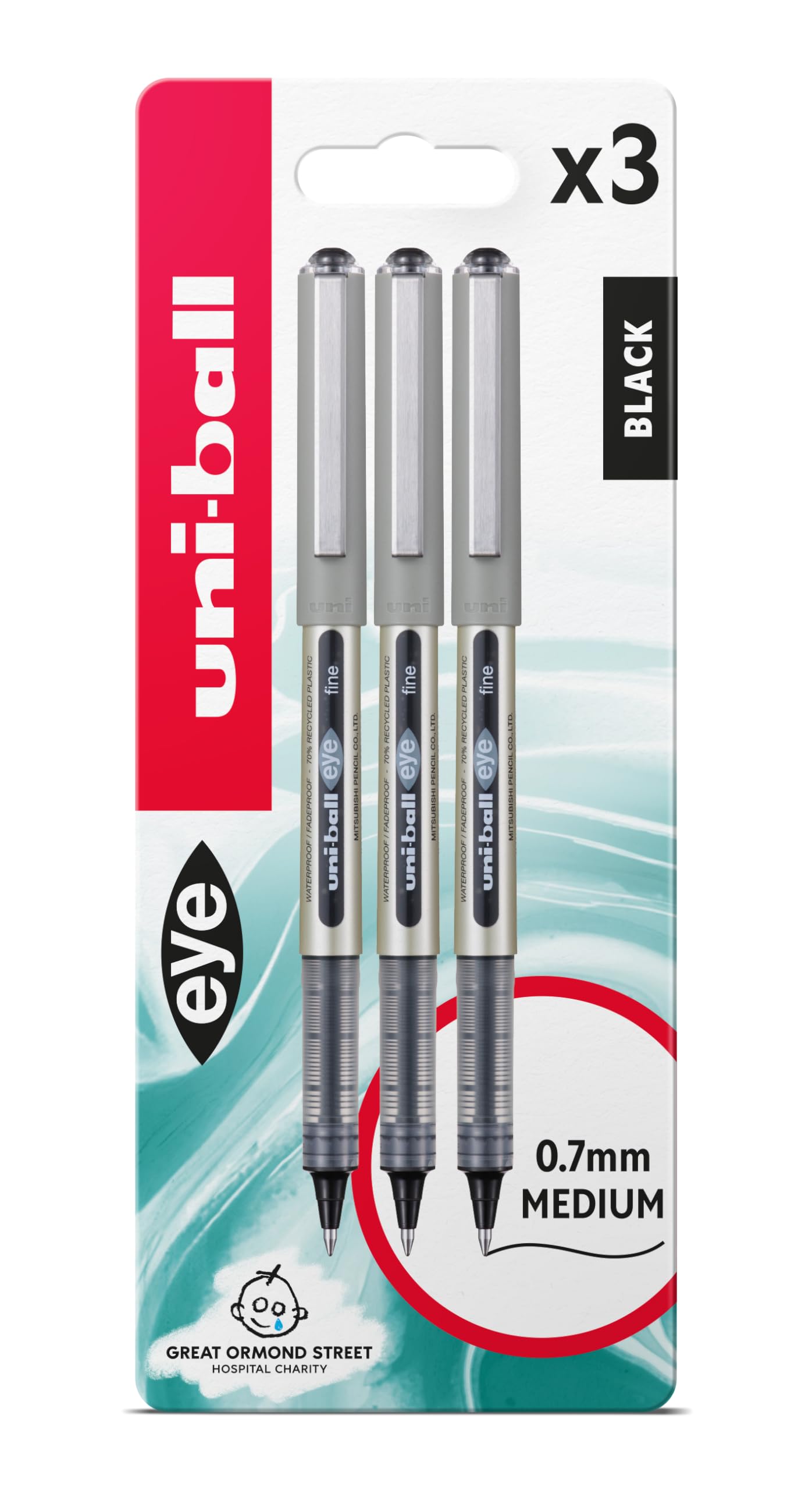 uni-ball UB-157 Eye Rollerball Pens. Premium Fine 0.7mm Ballpoint Tip for Super Smooth Handwriting, Drawing, Art, Crafts and Colouring. Fade and Water Resistant Liquid Uni Super Ink. Pack of 3 Black