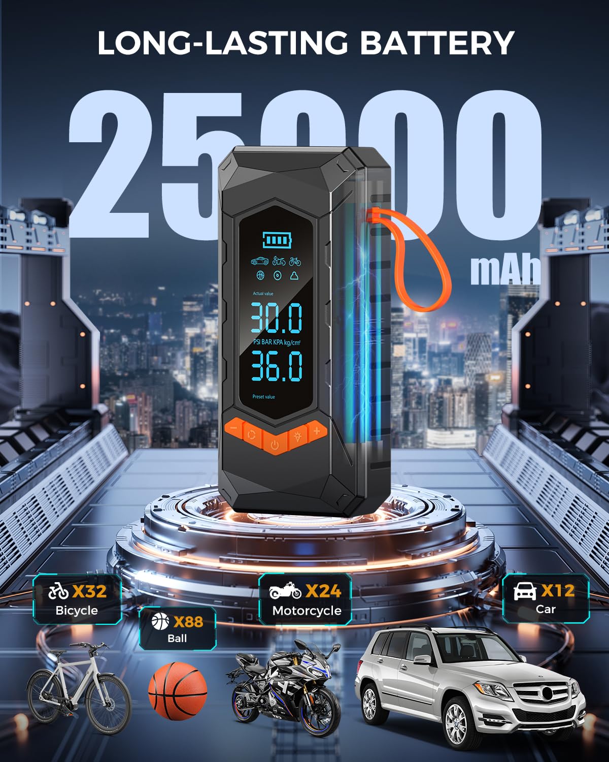 Tire Inflator Portable Air Compressor 160 PSI 25000mAh Cordless Air Pump for Car Tires with Digital Pressure Gauge — view 2