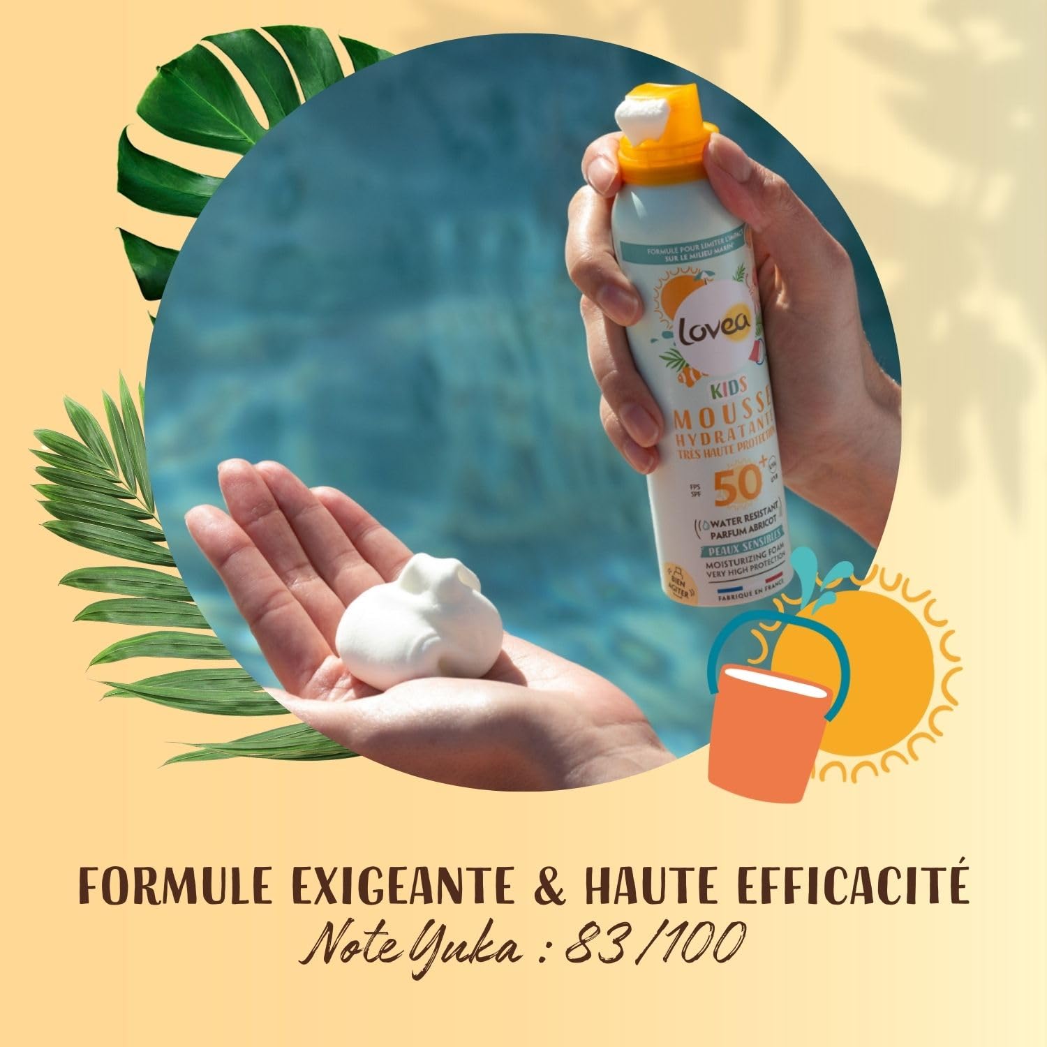 LOVEA - Mousse Hydratante Kids FPS 50+ - Très Haute Protection Solaire Visage & Corps - Parfum Abricot - Protection UVA/UVB - Peaux Sensibles - Résistant À L'Eau - Vegan - Fabriqué En France - 150 ml