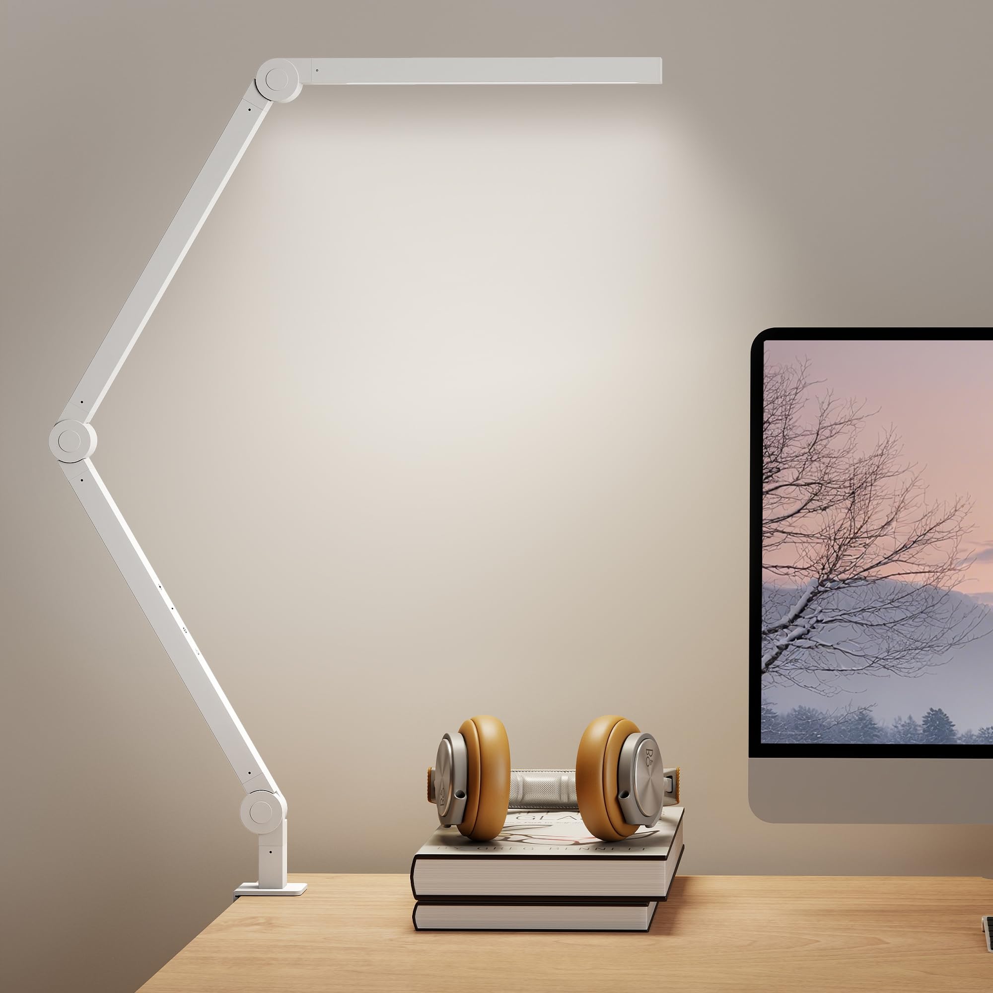 HOMCOM LED Desk Lamp, Dimmable Desk Light with Swing Arm and Clamp, Adjustable Eye-Caring Table Lamp with 2 Colour Modes & 5 Brightness Levels for Study, Drawing, Office, Architect, Task, White