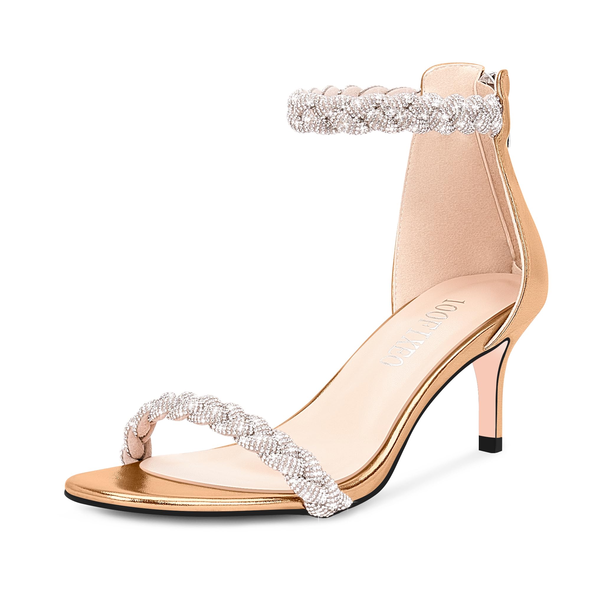 100FIXEO Women's Rhinestone Low Stiletto Heels Ankle Strap Open Toe Heeled Sandals Wedding Dress Shoes