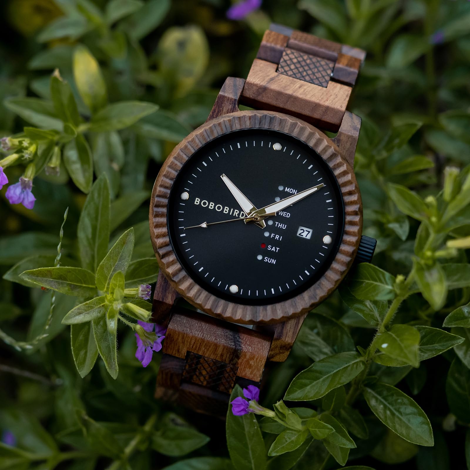 BOBO BIRD Orologio analogico al quarzo da uomo, in legno, con visualizzazione settimanale, leggero, fatto a mano, orologio da polso per uomo