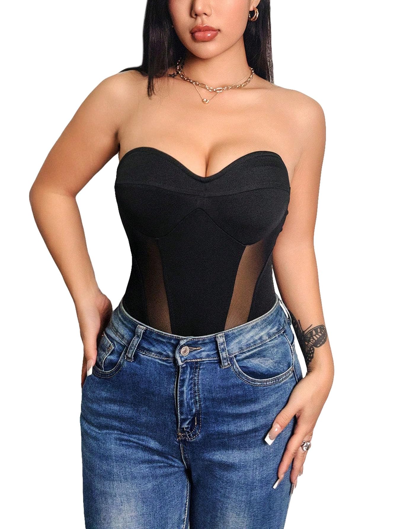 WDIRARA Women's Mesh Strapless Stretch Bandeau Underwire Skinny Bodysuit