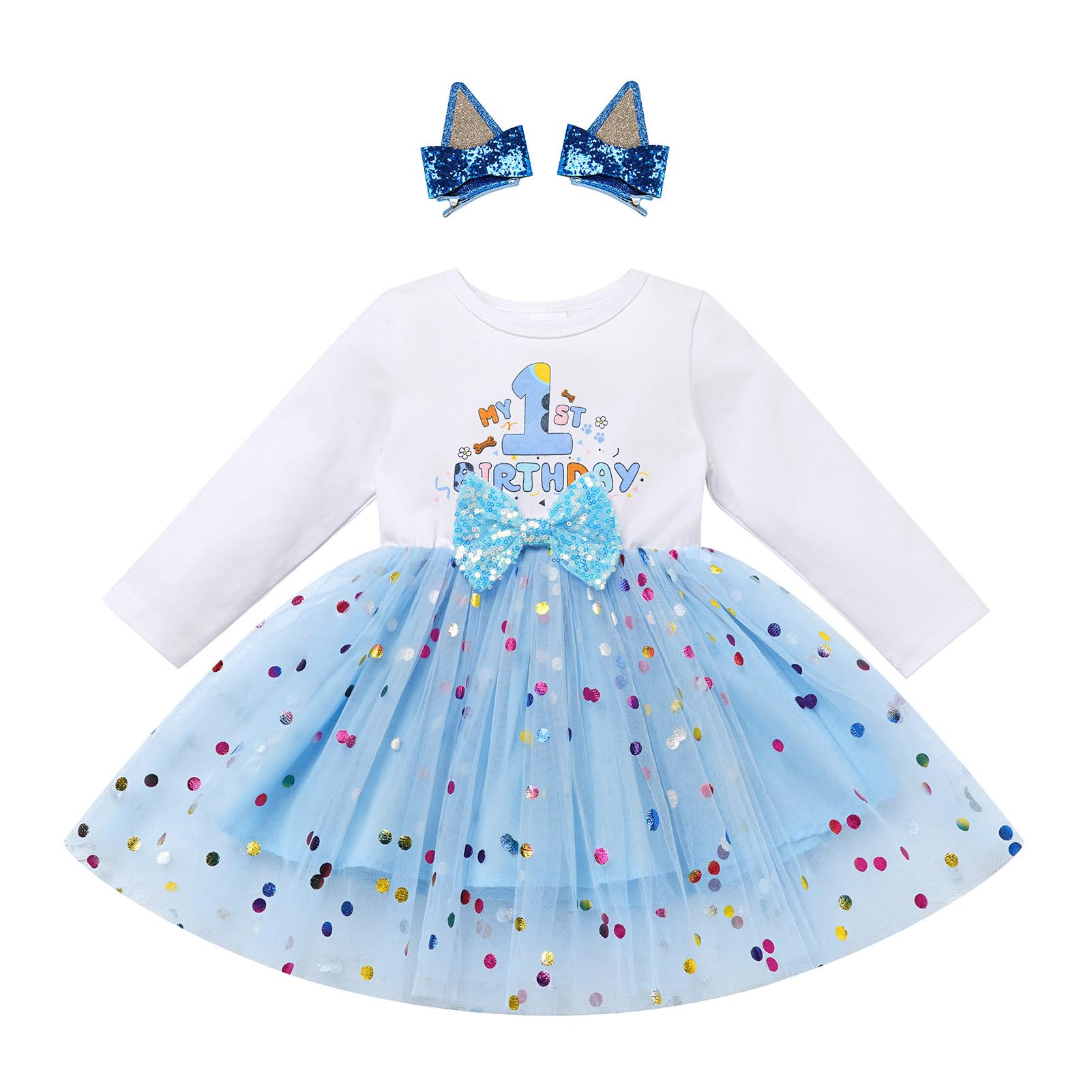 Baby Girl Toddler Kids 1st 2nd 3rd Birthday Cake Smash Outfit Long Sleeve Tutu Princess Dress with Hair Clips