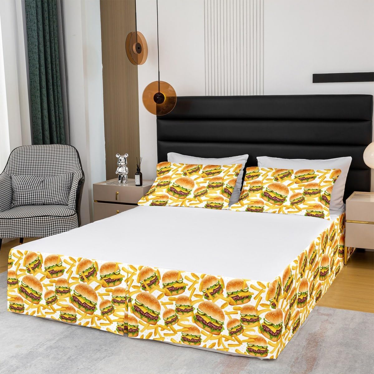 Cartoon Hamburger Kids Bed Skirt King Size,French Fries American Fast Food Bedskirt 3pcs for Boys Girls Room Decor,Hand Drawn Graffiti Bed Wrap Bedding,Yellow White Fitted Sheet,2 Pillowcases