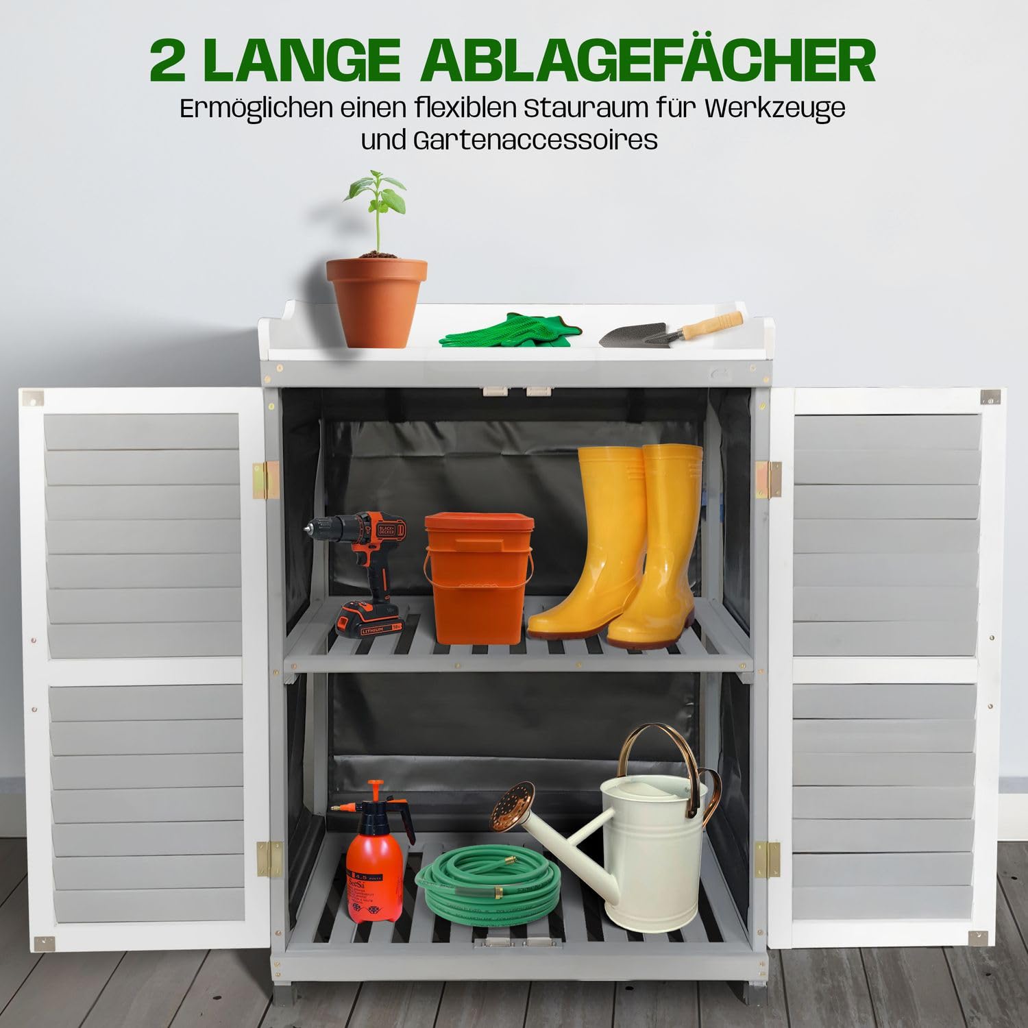 Gartenschrank Lola Grau 67x46x98 cm - Pflanztisch mit Stauraum, Geräteschrank mit verzinkter Arbeitsplatte, aufrollbare Wände, 1 Einlegeboden, Flexibler Schrank für Garten, Balkon & Terrasse