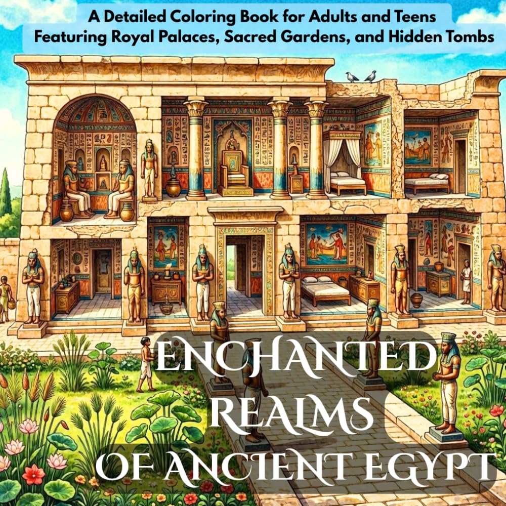Enchanted Realms of Ancient Egypt: An Ancient Egypt Coloring Book for Adults and Teens Featuring Intricate Pharaoh Palaces, Sacred Temples, and Hidden Tombs, for stress relief