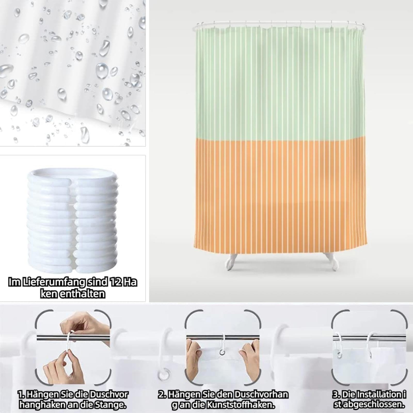Duschvorhang 240x200 cm Grün Gelb Streifen Duschvorhang Einfach Design modernes Textil Anti-schimmel Wasserdicht Waschbar Badvorhang für Badezimmer Badewannen Toilette mit 12 Haken