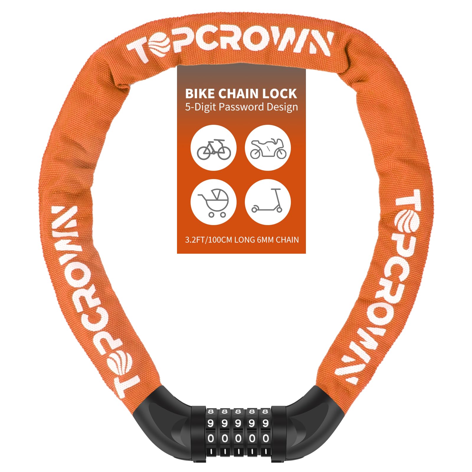 Topcrown Bike Chain Lock 3.2Ft Long High Security Heavy Duty Anti Theft, 5 Digit Combination Resettable Keyless Bicycle Lock for Bike/Electric Scooter/Ebike/Motorcycle(Orange) โ image 1