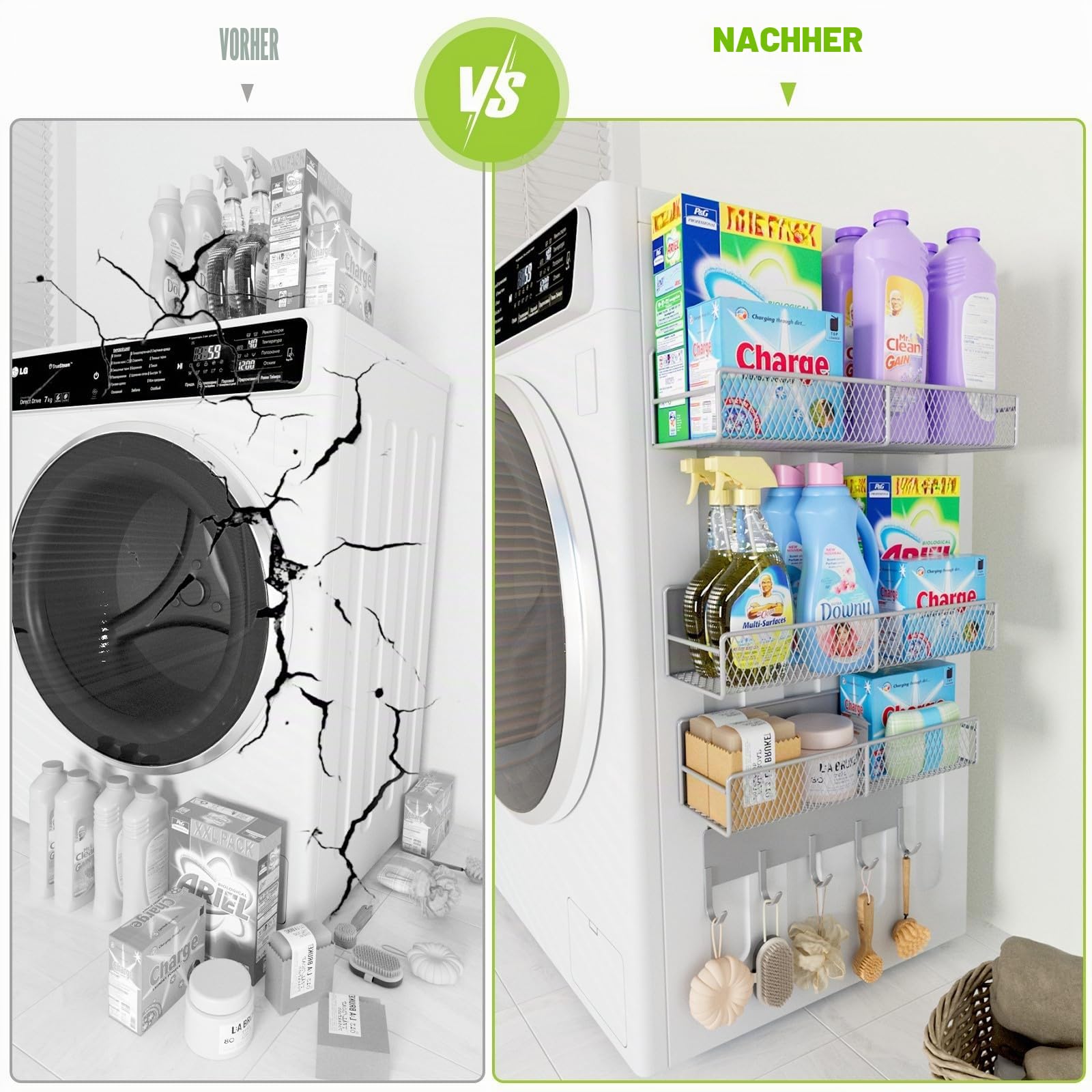 Magnetische Regale für Waschmaschine, robust, magnetischer Wäsche-Organizer mit Haken, Waschmaschinenregal für Kühlschrank, Metall-Aufbewahrungskörbe, Schrank und Waschküche, 4 Stück (grau)