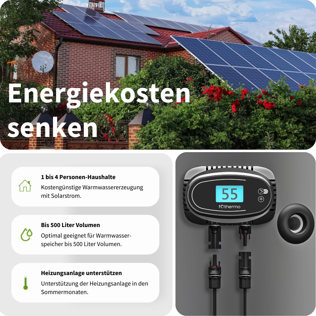 Fothermo® - 1.000 Watt Solarheizstab | 0–1.000 W stufenlos geregelter Photovoltaikheizstab inkl. Überschussnutzung | 6/4" Gewinde | Gleichstrom Heizstab