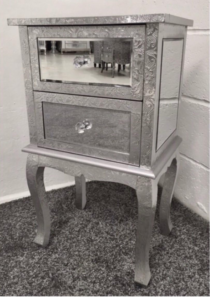 CMD Products Chaandi Kar Metal Embossed Silver Mirrored 2 Drawer Chest Drawers