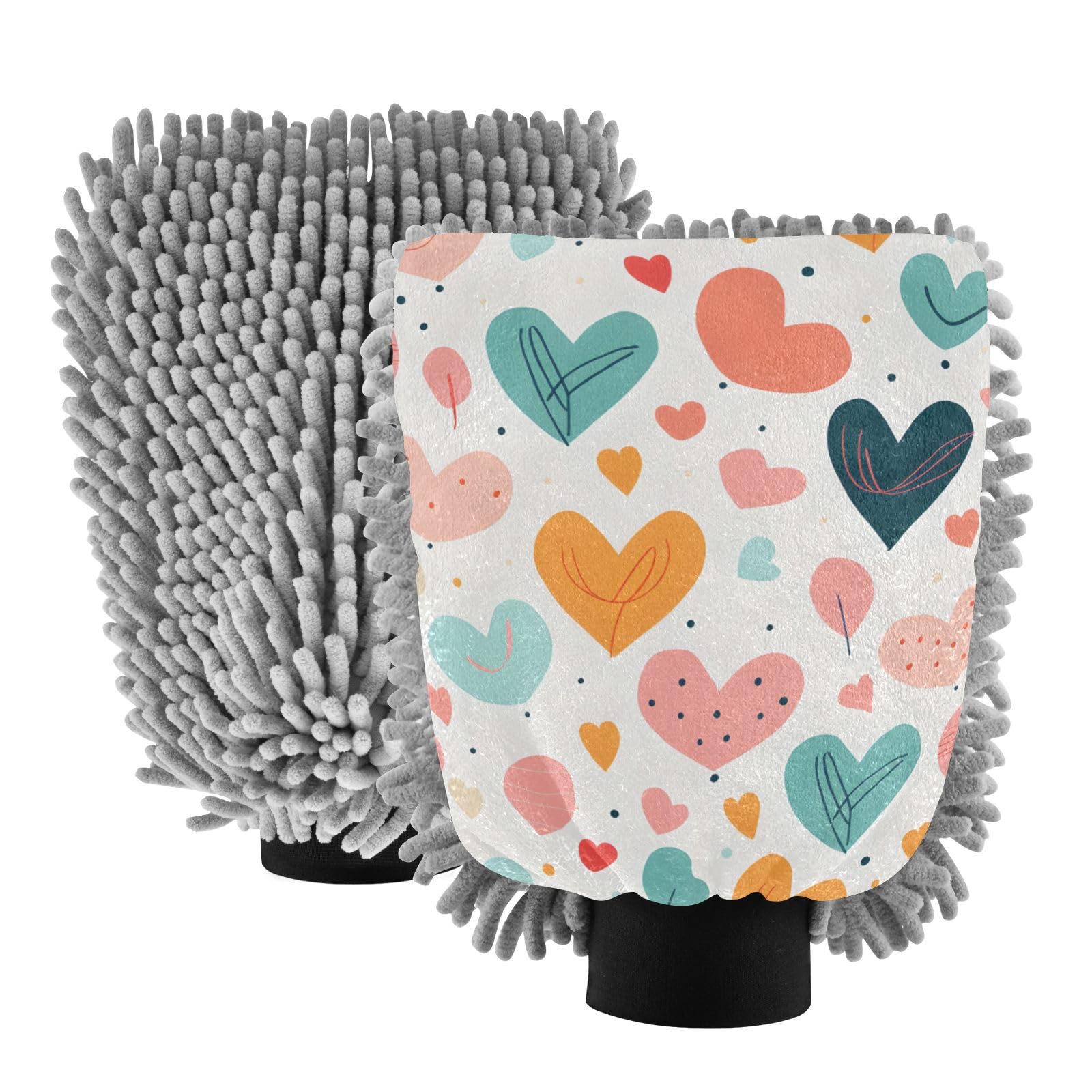 IOACIY Absorbent Microfiber Car Wash Drying Mitts, 2 Pack, Scratch-Free & Lint-Free, Rich Foam, Highly Absorbent, Double Sided, Wash Mitt Perfect for Car Washing, M, Cute Illustration Heart
