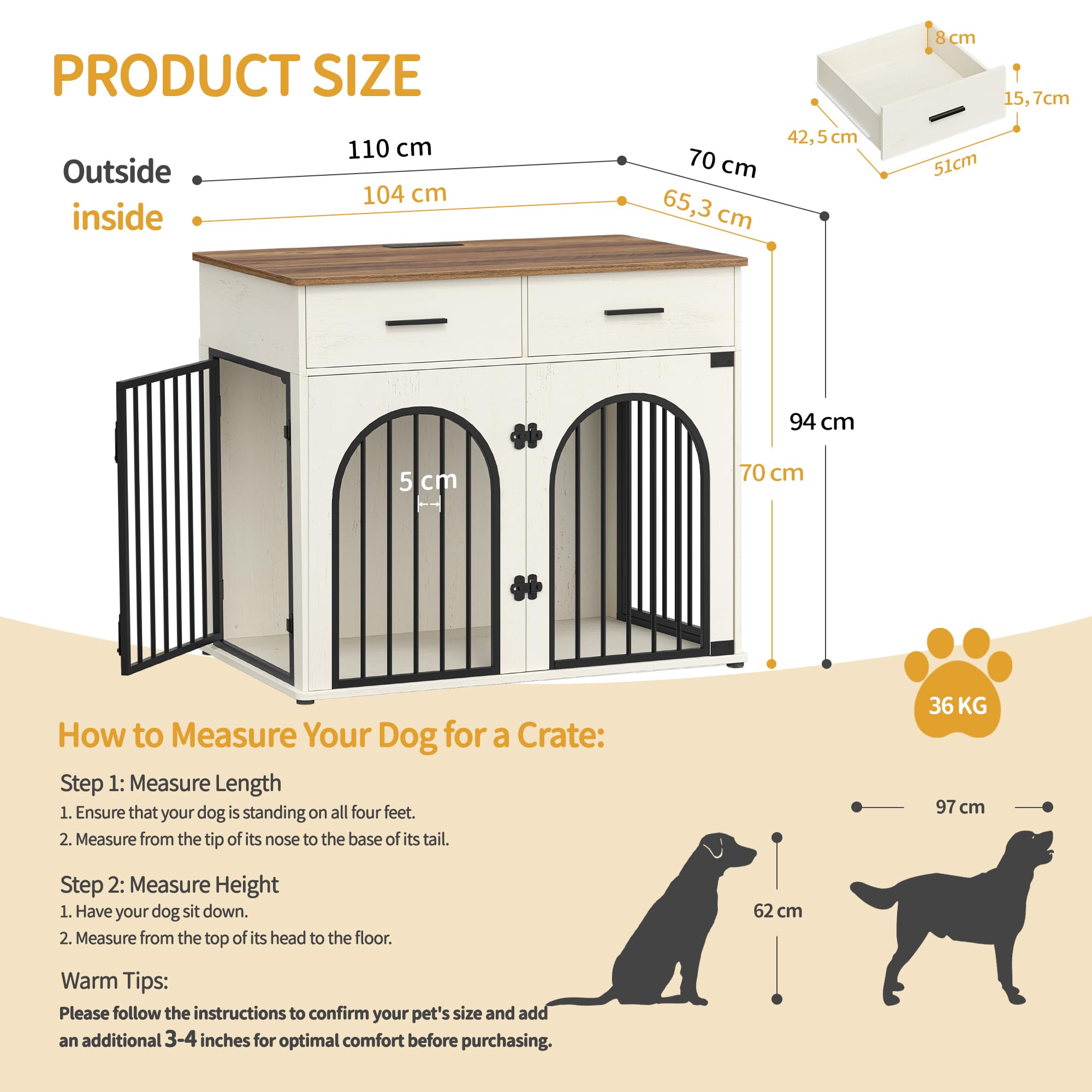 Hzuaneri 110 cm Cage pour Chien avec 2 Tiroirs de Rangement, Meuble Cage pour Chien d'intérieur avec Station de Charge, Heavy Caisse en Bois pour Chiens de Taille Grande, Blanc et Marron DFC88214BEU
