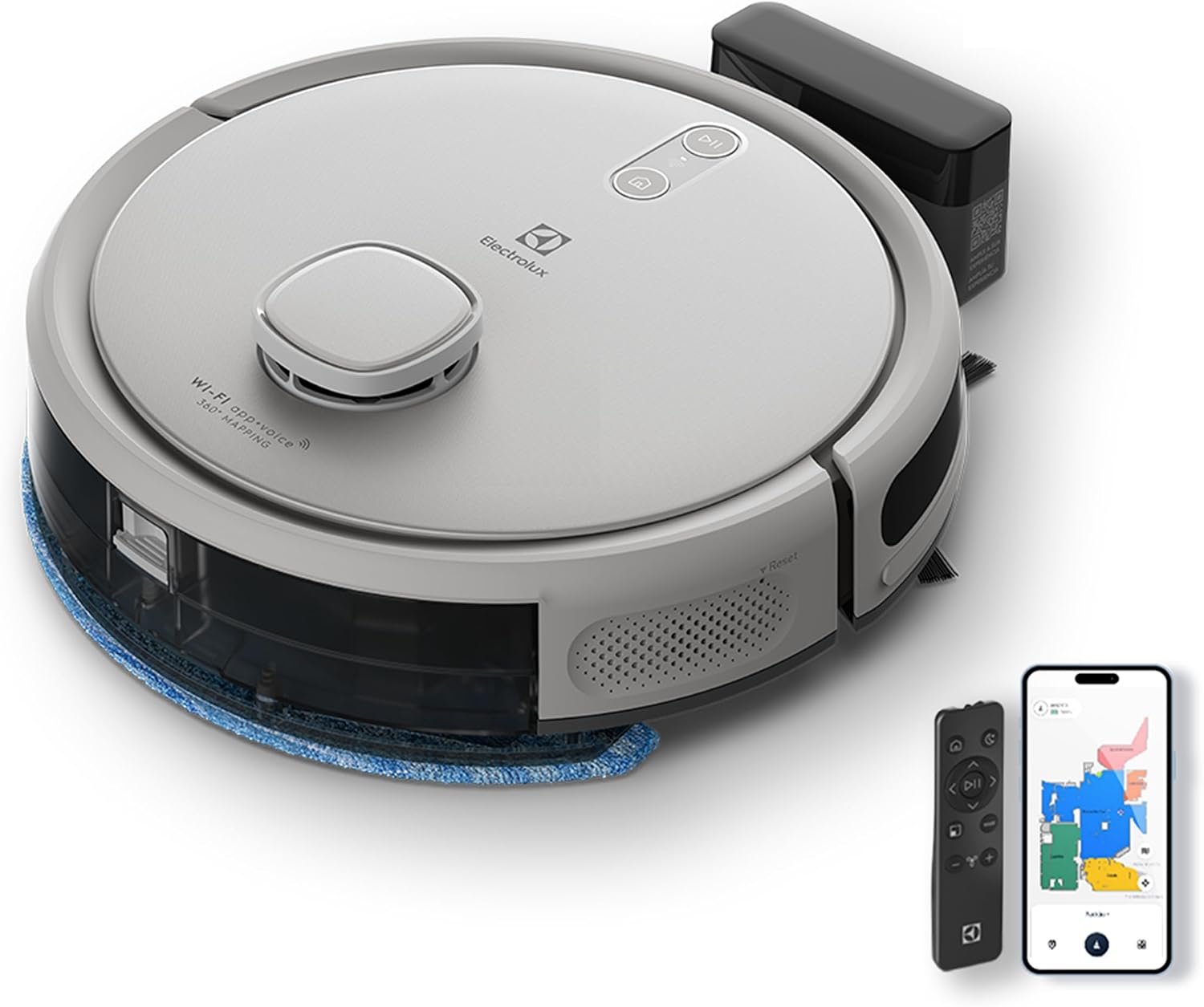 Electrolux Robô Aspirador de pó 4 em 1 Wi-Fi MOP Passa Pano Seco e Úmido até 1h40 de Bateria App Mapeamento Laser Inteligente e Base Carregamento Experience Sensor Antiqueda Experience ERB62 Bivolt