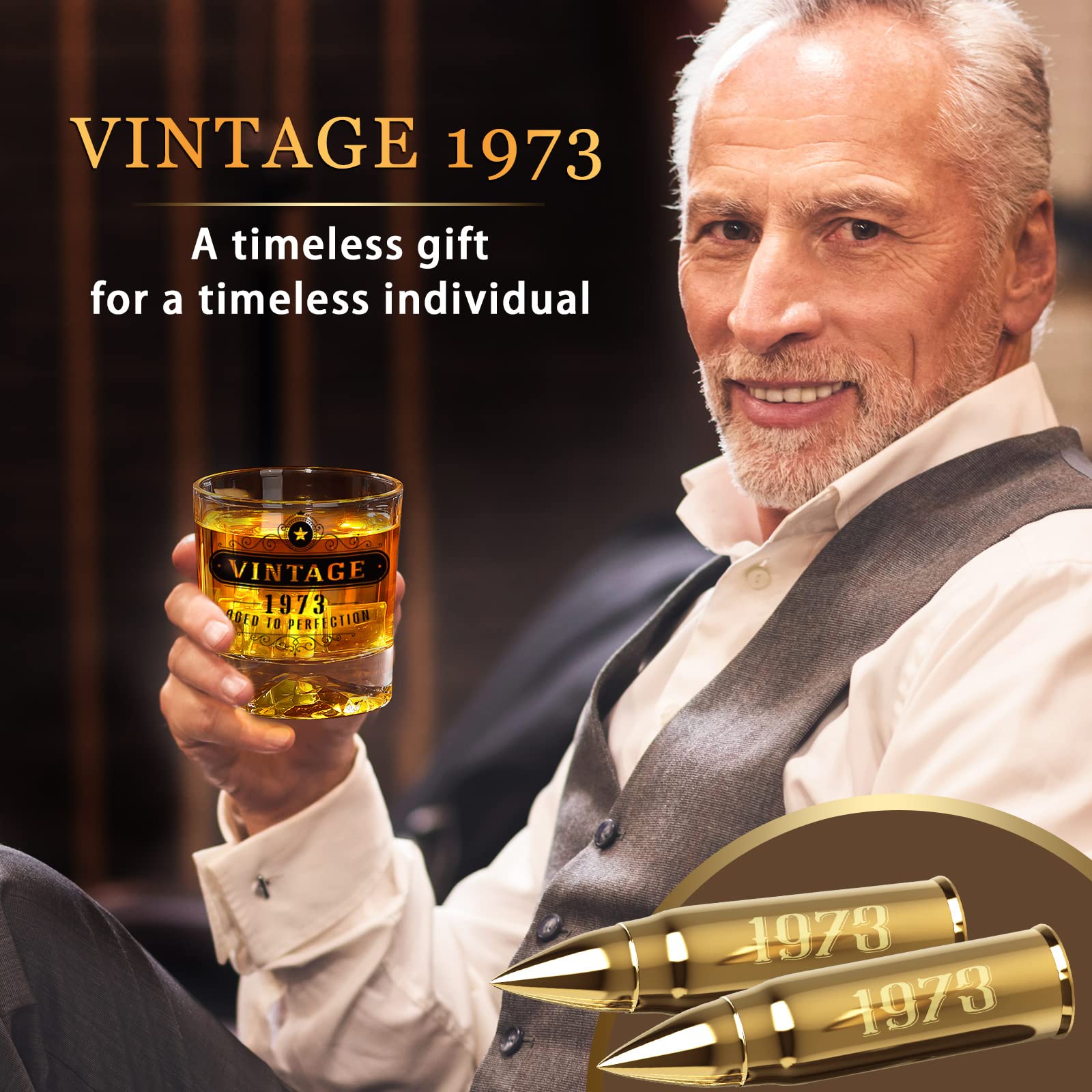 Oaksea 50th Birthday Gifts for Men Dad, Vintage 1973 Whiskey Glass Set, 50th Birthday Retirement Decorations Party Supplies, Anniversary Bday Gifts Ideas for Him Husband Friends Women, Whiskey Stone