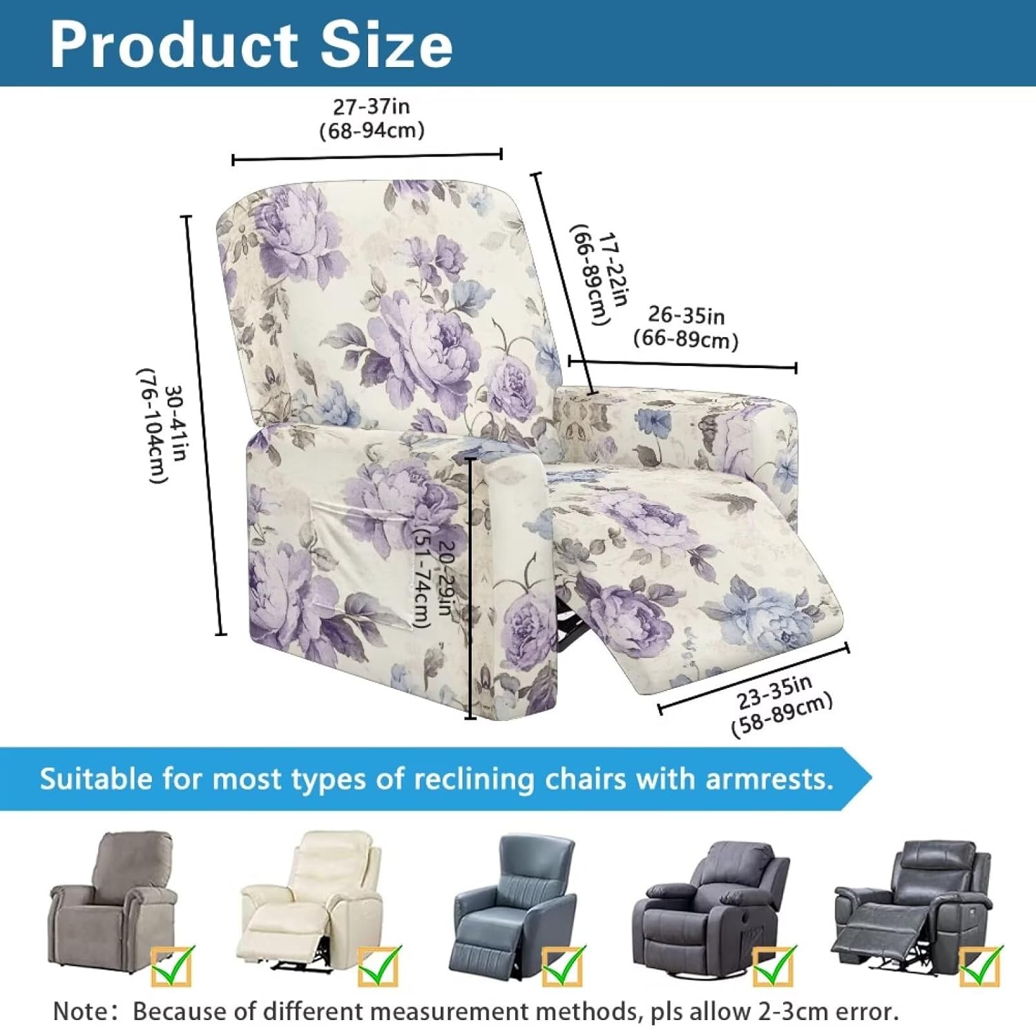 Purple Flower Lazy Boy Recliner Chair Cover Beige Vintage Sofa Cover Single Seat Recliner with Pocket 4 Piece Simple Modern Sofa Slipcover