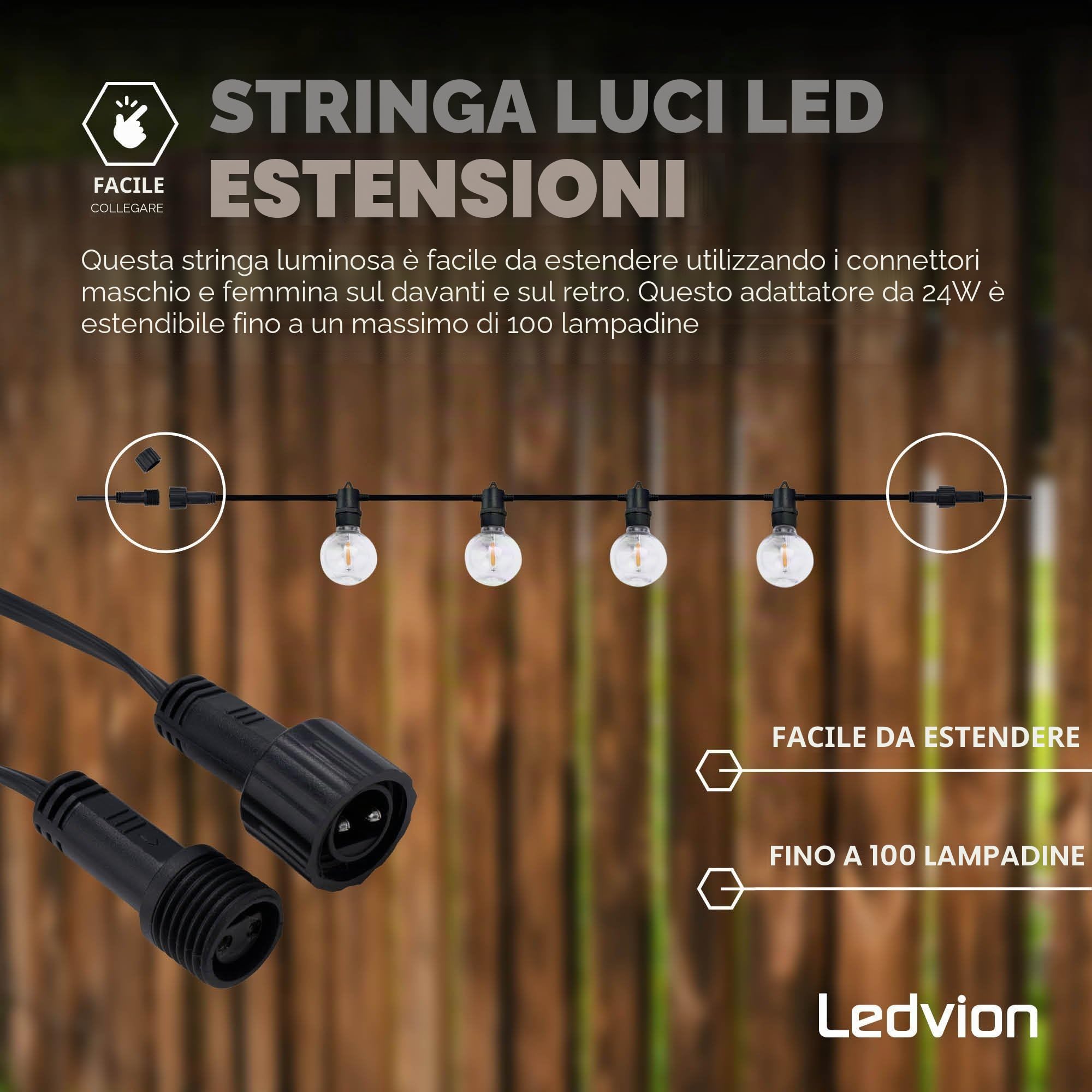 Ledvion - Catena Luminosa, 19.5 Metri, 30x E12 LED, IP44 Impermeabile, 9W, 2700K, Illuminazione per Esterni