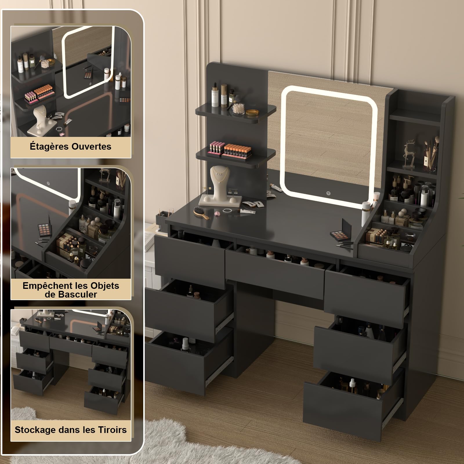 TRIUMPHKEY Coiffeuse avec Miroir LED, Luminosité Réglable, Table de Maquillage avec 4 Étagères et 7 Tiroirs, Coiffeuse Moderne avec Grand Espace de Rangement (Noir)