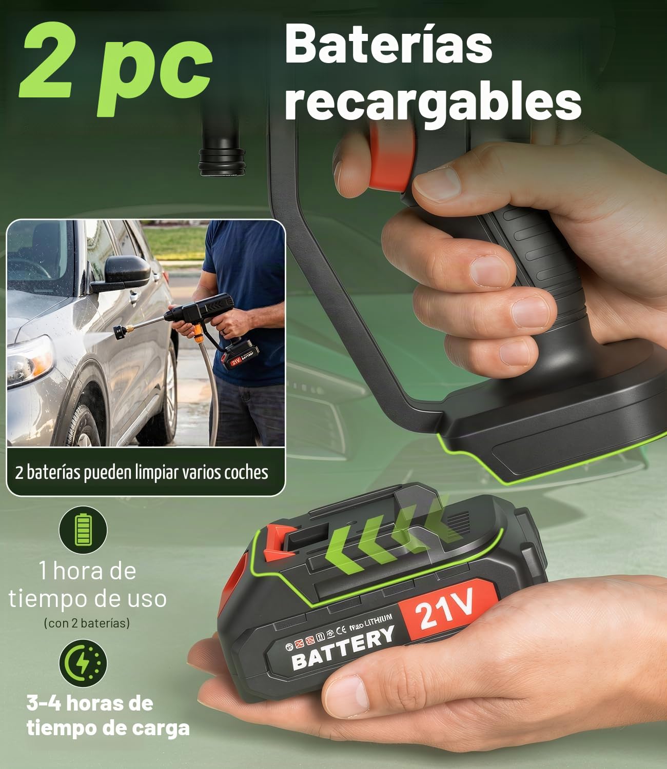 Hidrolimpiadora de Alta Presion, Limpiador de Alta Presión Portátil, Pistola de Agua a Presión, máx 260 PSI, con 2 Baterías, Pulverizador de Espuma, Boquilla 6 en1 para Coches, Terraza, Jardín