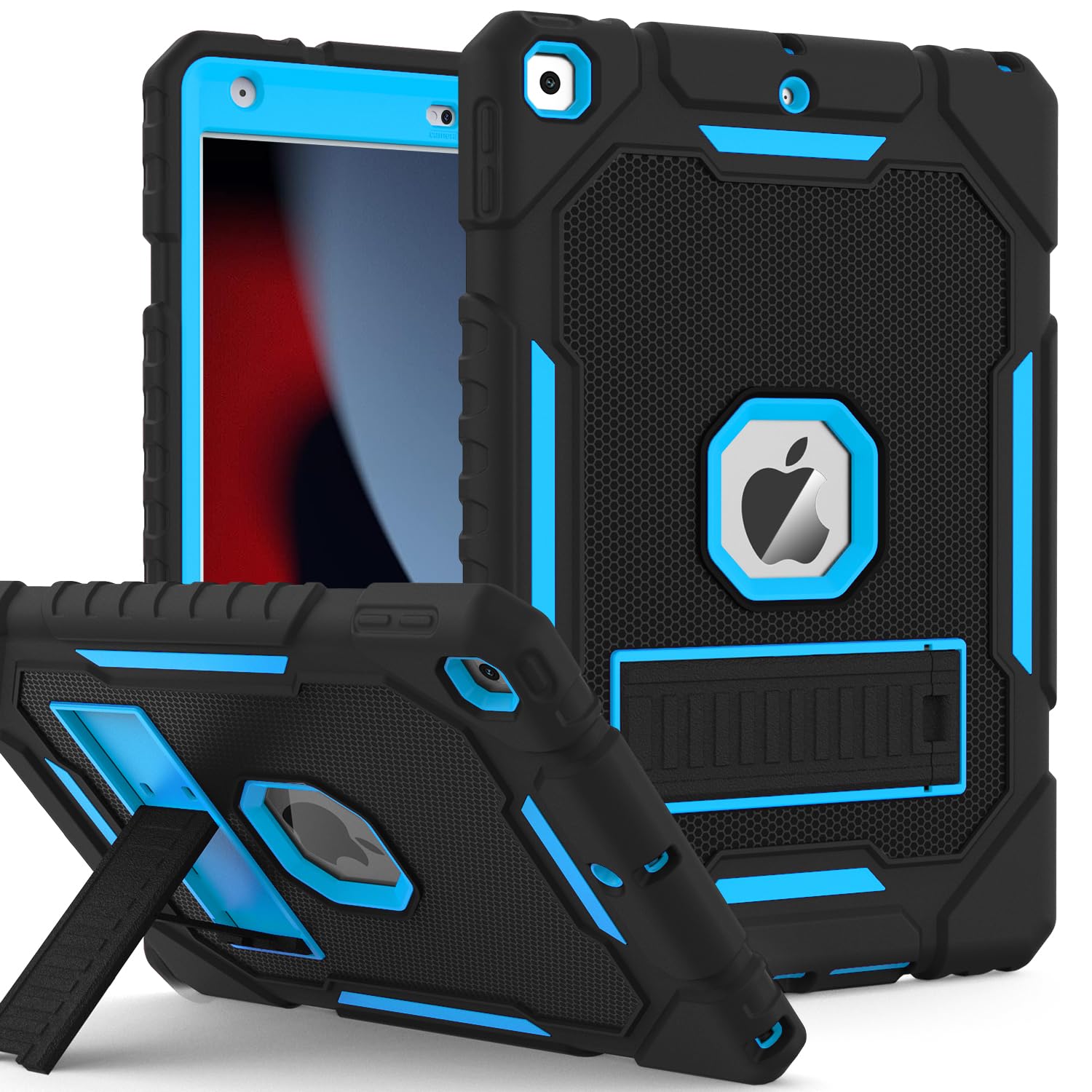 ZoneFoker Case for iPad 9th/8th/7th Generation 2021/2020/2019(10.2 inch), Heavy Duty Military Grade Shockproof Rugged Protective 10.2" Cover with Built-in Stand for iPad 9 8 7 Gen (Black+Blue)