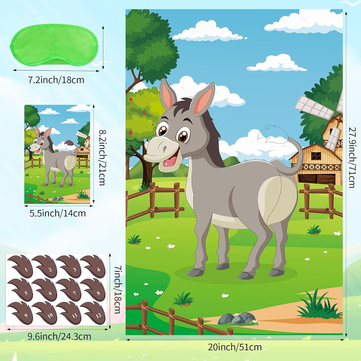 Hxezoc Pin The Tail On The Donkey Party Game with 48 Pcs Tails Large Farm Donkey Games Poster for Kids Birthday Party Carnival Party Supplies