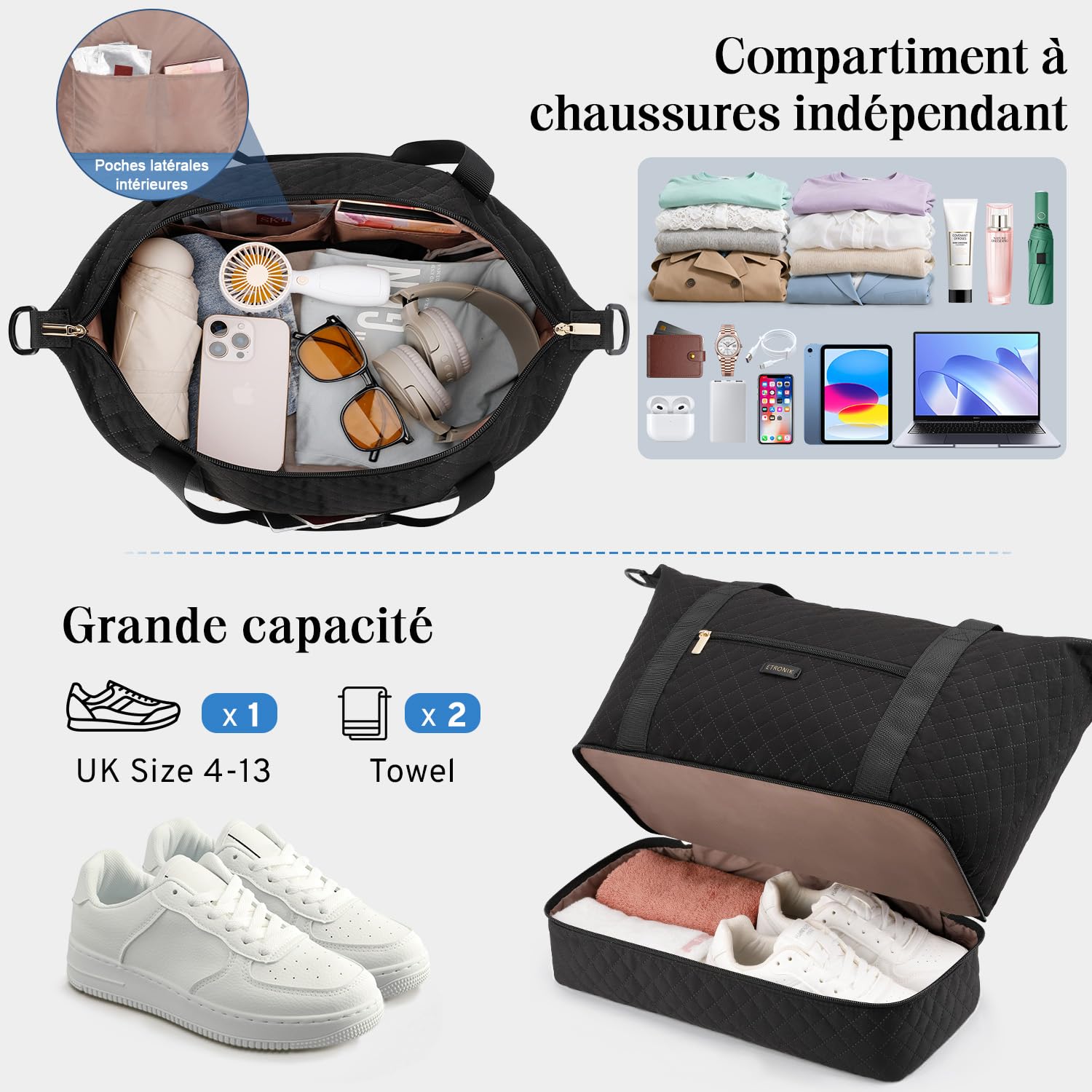 ETRONIK Sac de Voyage Femme, 24L Bagage Cabine à Main Léger avec Compartiment à Chaussures, Sac Cabine Avion ryanair 40x30x20, Sac fourre-Tout de Sport Imperméable pour Travel Weekend Gym Danse, Noir